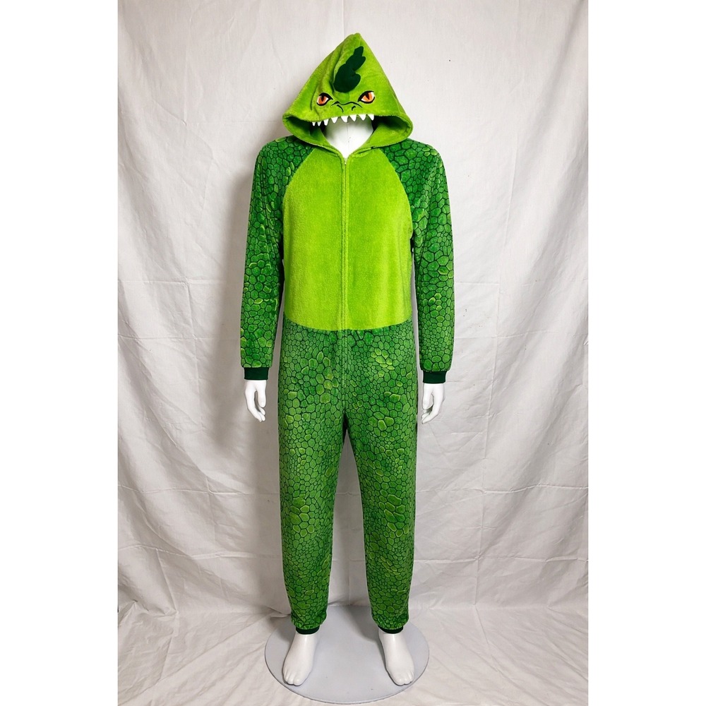 Saint Eve Kids Green Dinosaur Hooded Union Suit Fleece One Piece Pajamas L 14/16